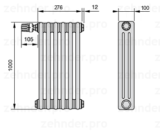 Схема (чертеж) Радиатор Zehnder Charleston 3100/6 №V012 Белый глянцевый RAL 9016